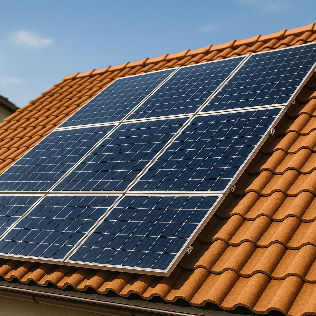 Ilustrasi panel surya terpasang di atap rumah.